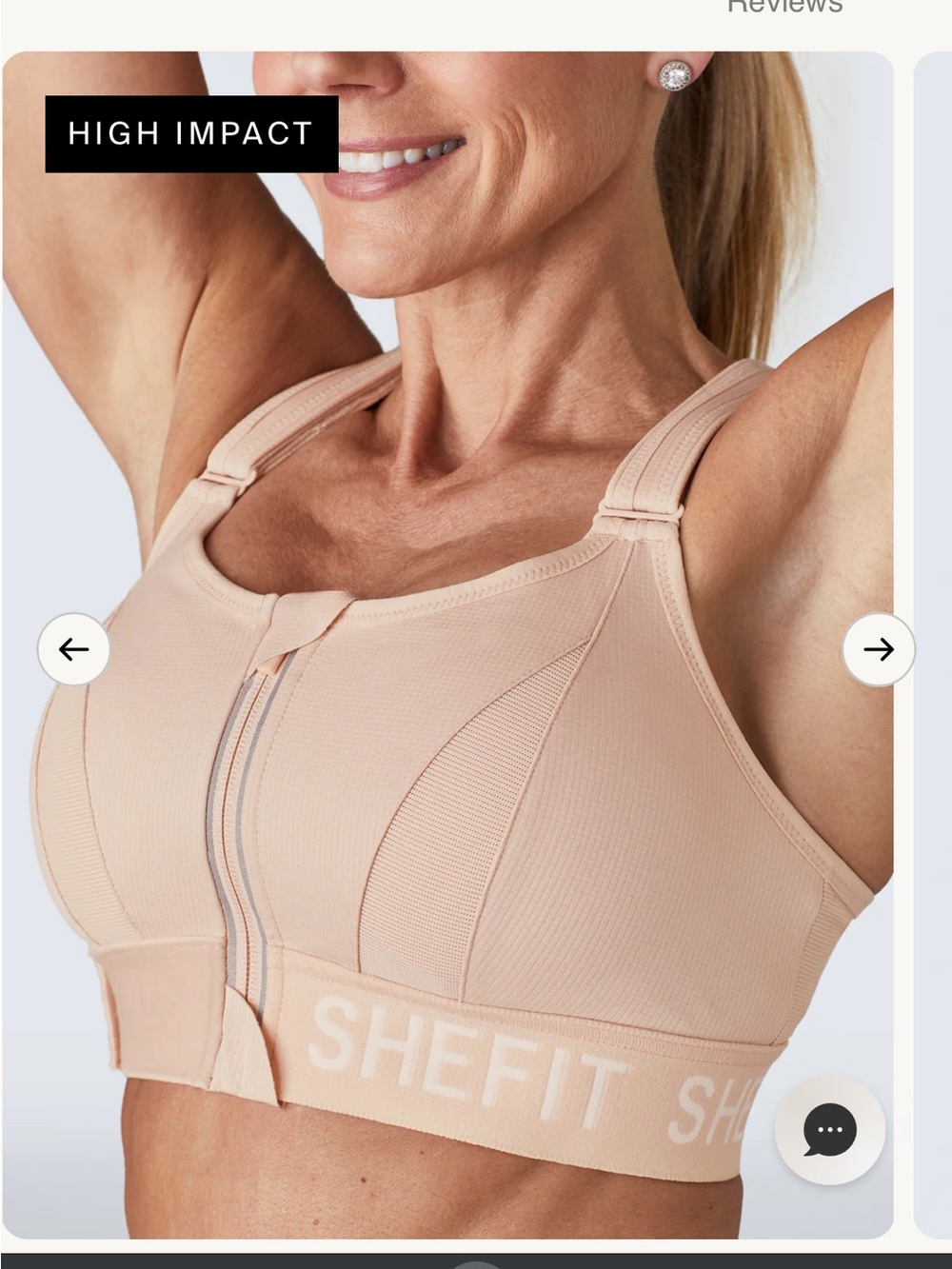 SHEFIT Front-Zip High Impact Sports Bra in Blush large